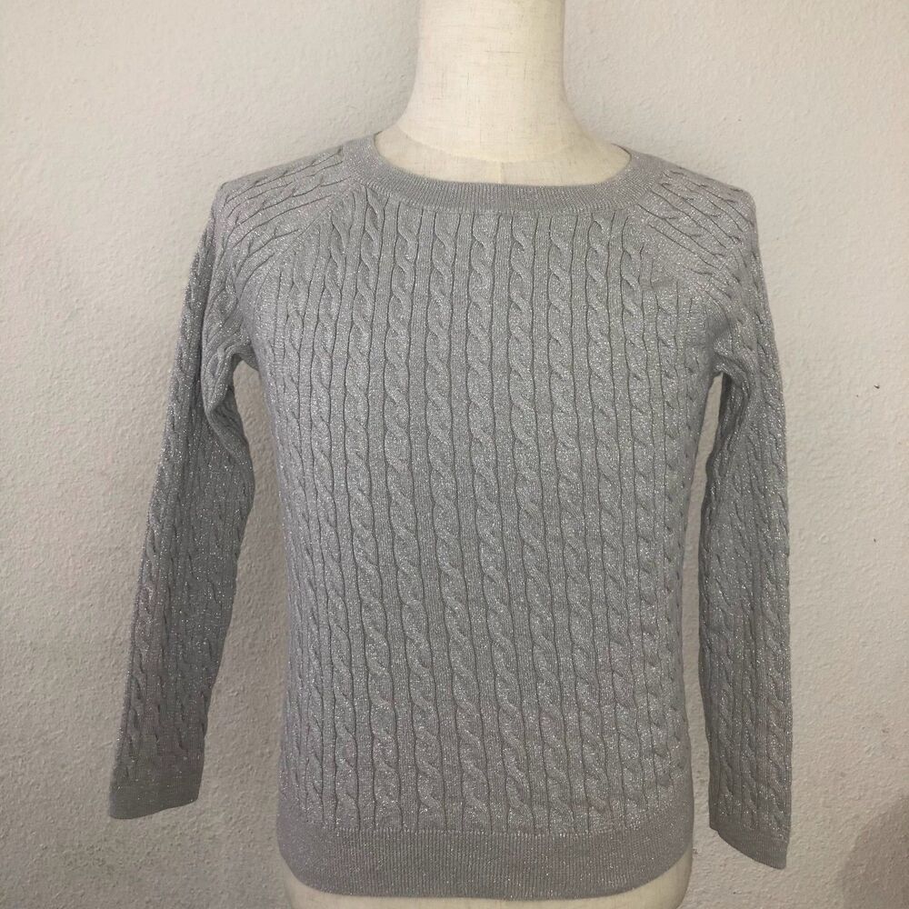 Talbots Petite Sweater MP Cableknit Shimmer Glittery Crew Neck Stretch